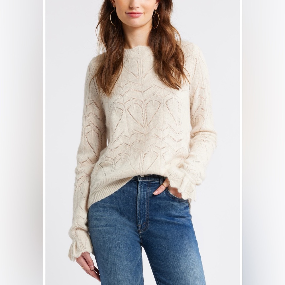 Treasure & Bond Pointelle Scallop Neck Sweater Ivory Dove XXS